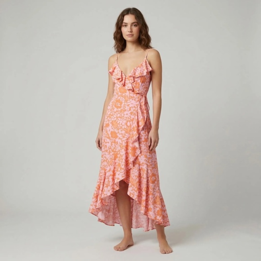 Mink Pink Dress Marli Midi Wrap Floral Pink Yellow White Waterfall Strappy NWT*